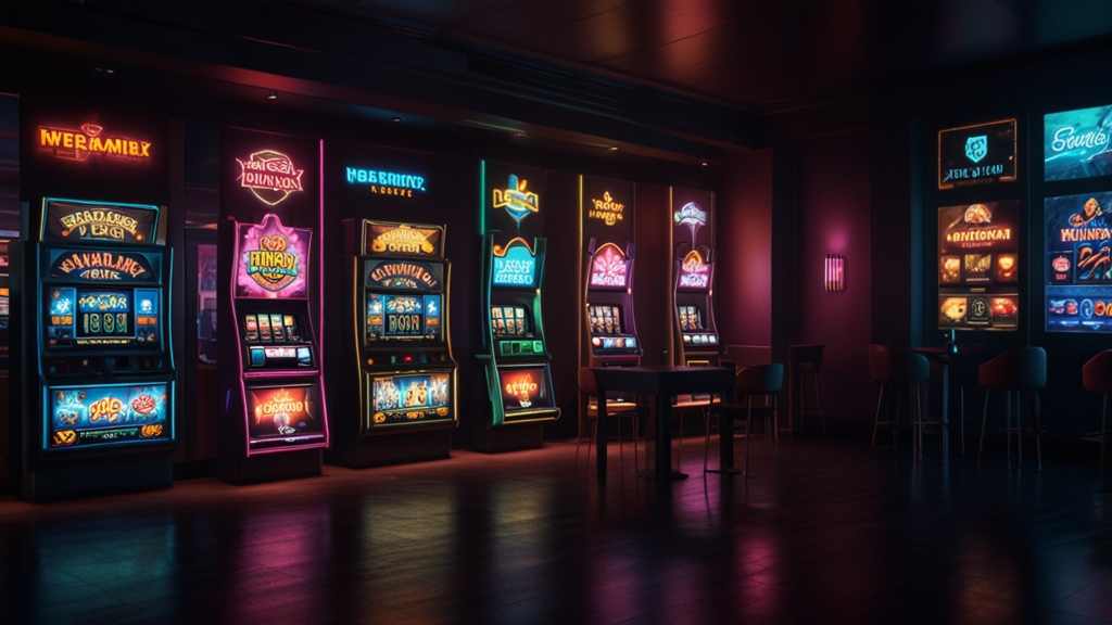 Tableau d’offres promotionnelles avec cartes bonus dans un décor de casino sombre