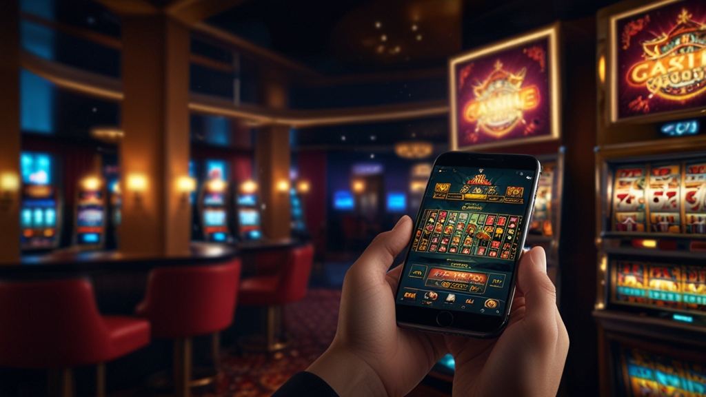 Téléphone affichant l’interface mobile du casino avec menus et bonus